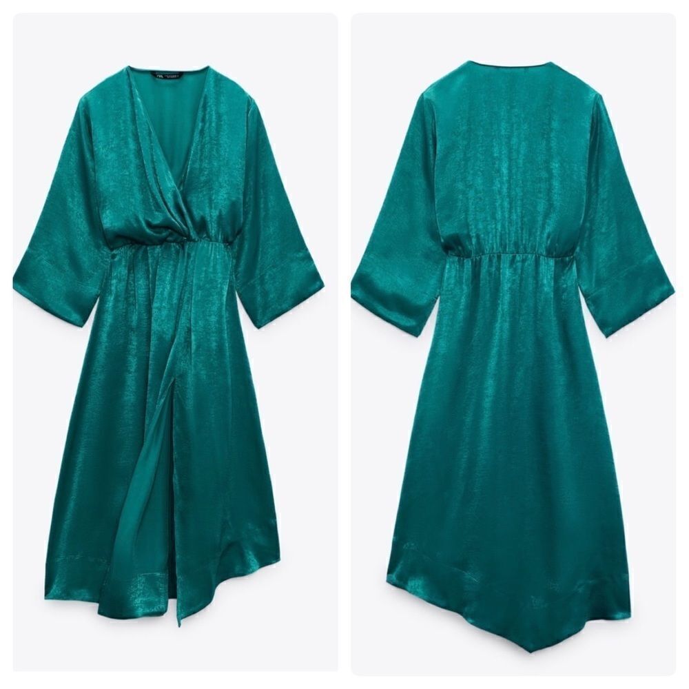 Zara Flowy Satin Effect Midi Dress Green New - Picture 7 of 7
